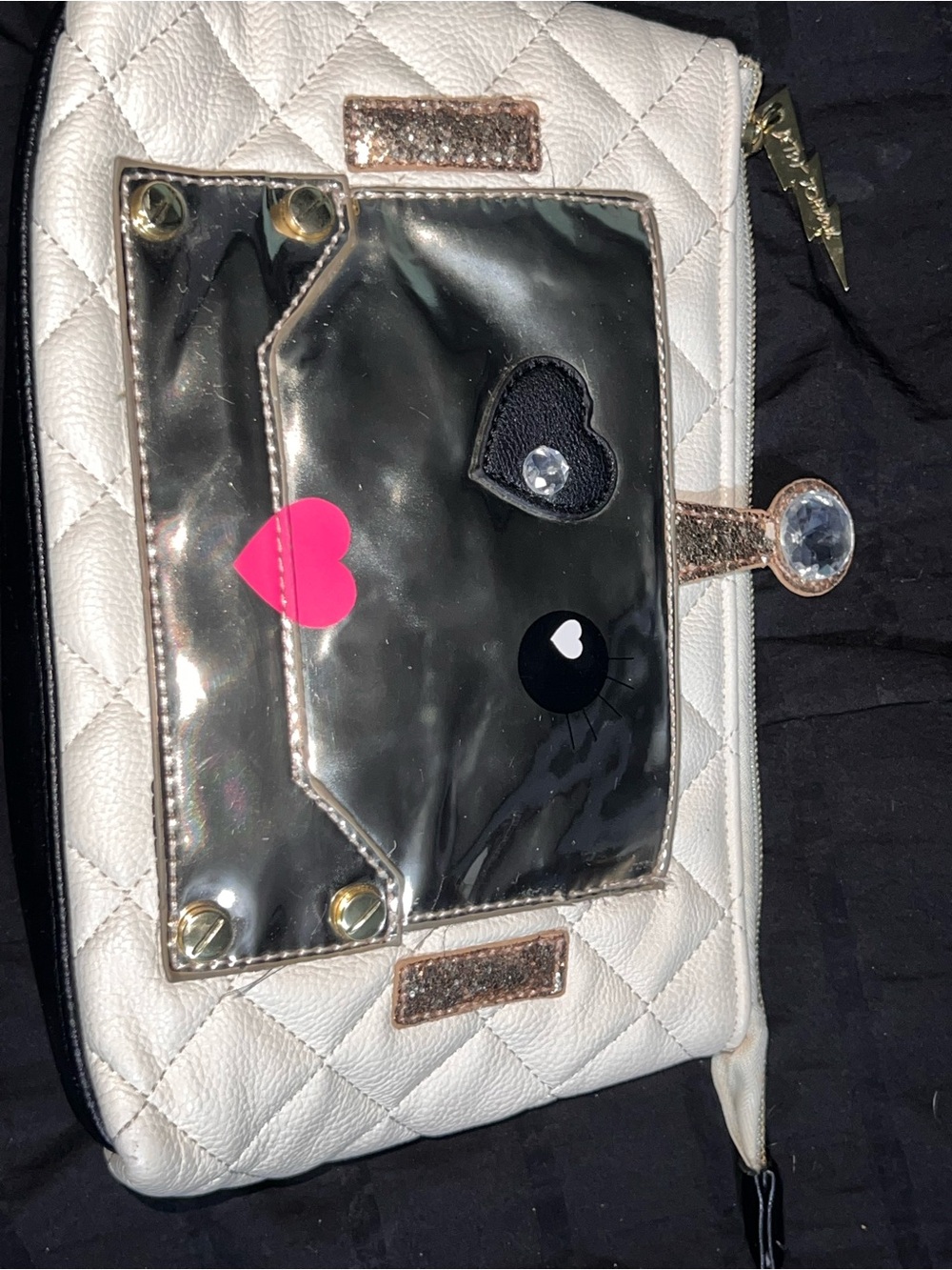 White Quilted Makeup Bag with Silver Pouch and Pink Heart